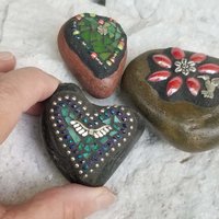 Mosaic Garden Stone Paperweights, Secret Santa Stocking Stuffer, #5 Group Mosaic Heart and Rocks,   