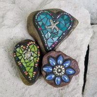 Mosaic Garden Stone Paperweights, Secret Santa Stocking Stuffer, #4 Group Mosaic Heart and Rocks,   