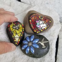 Mosaic Garden Stone Paperweights, Secret Santa Stocking Stuffer, #3 Group Mosaic Heart and Rocks,   