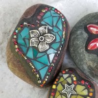 Mosaic Garden Stone Paperweights, Secret Santa Stocking Stuffer, #2 Group Mosaic Heart and Rocks,   