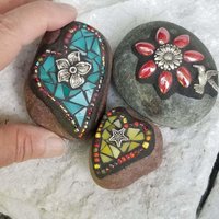 Mosaic Garden Stone Paperweights, Secret Santa Stocking Stuffer, #2 Group Mosaic Heart and Rocks,   