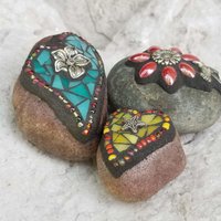 Mosaic Garden Stone Paperweights, Secret Santa Stocking Stuffer, #2 Group Mosaic Heart and Rocks,   