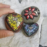 Mosaic Garden Stone Paperweights, Secret Santa Stocking Stuffer, #1 Group Mosaic Heart and Rocks 