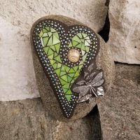 Lime Green Heart, Mosaic Paperweight, Dragonfly Garden Stone