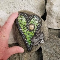 Lime Green Heart, Mosaic Paperweight, Dragonfly Garden Stone