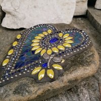 Iridescent Dark Blue Mosaic Heart Garden Stone, Mosaic Garden Decor Yellow Flowers