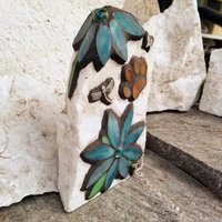 Mosaic Pet Memorial, Teal Flowers Dragonfly Garden Stone, Garden Decor