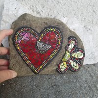 Iridescent Red Mosaic Heart, Garden Stone, Garden Decor, Butterfly