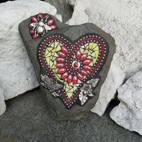 Red and Yellow Flower Mosaic Heart, Garden Stone, Garden Decor