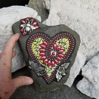 Red and Yellow Flower Mosaic Heart, Garden Stone, Garden Decor