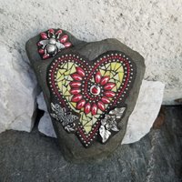 Red and Yellow Flower Mosaic Heart, Garden Stone, Garden Decor