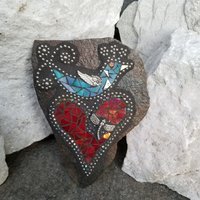 Blue Bird on a Red Heart, Wall Hanging Slate, Mosaic Garden Stone, Porch Decor, Wall Decor
