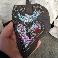 Blue Bird on a Red Heart, Wall Hanging Slate, Mosaic Garden Stone, Porch Decor, Wall Decor