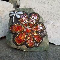 Iridescent Red Orange Flower, Dragonfly, Garden Stone, Mosaic, Garden Decor