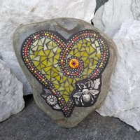 Yellow Mosaic Heart, Mosaic Rock, Mosaic Garden Stone, Home Decor Gardening Gift,