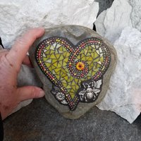 Yellow Mosaic Heart, Mosaic Rock, Mosaic Garden Stone, Home Decor Gardening Gift,