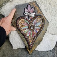 Peach Mixed Green/Brown Heart Mosaic / Garden Stone, Dragonfly