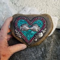 Teal and Red Kissing Fish Heart, Mosaic,  Porch Decor, Beach Decor