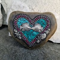 Teal and Red Kissing Fish Heart, Mosaic,  Porch Decor, Beach Decor