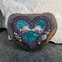 Teal and Red Kissing Fish Heart, Mosaic,  Porch Decor, Beach Decor