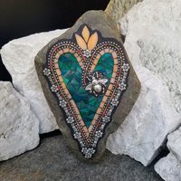 Iridescent Green Bee Heart, Mosaic Paperweight / Garden Stone