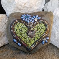 Green Heart Mosaic Garden Stone with Blue Flowers