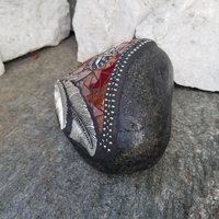 Iridescent Red Feather Mosaic Heart, Garden Stone, Garden Decor