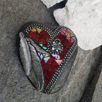 Iridescent Red Feather Mosaic Heart, Garden Stone, Garden Decor