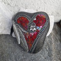 Iridescent Red Feather Mosaic Heart, Garden Stone, Garden Decor