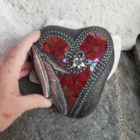 Iridescent Red Feather Mosaic Heart, Garden Stone, Garden Decor