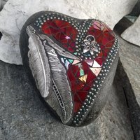 Iridescent Red Feather Mosaic Heart, Garden Stone, Garden Decor