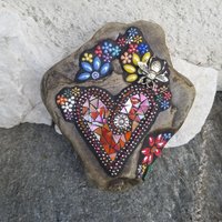 Iridescent Red Mosaic Heart, Garden Stone, Garden Decor, Bee