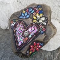 Iridescent Red Mosaic Heart, Garden Stone, Garden Decor, Bee