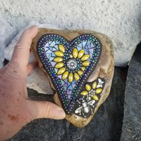 Iridescent Blue Mosaic Heart, Yellow Flowers, Garden Stone, Honey Bee