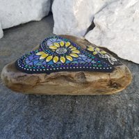 Iridescent Blue Mosaic Heart, Yellow Flowers, Garden Stone, Honey Bee