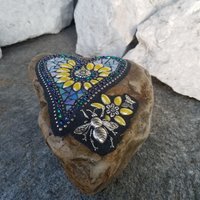 Iridescent Blue Mosaic Heart, Yellow Flowers, Garden Stone, Honey Bee