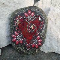Iridescent Red Heart, Mosaic Garden Stone Valentine Heart