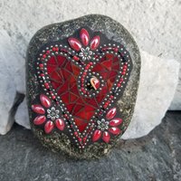 Iridescent Red Heart, Mosaic Garden Stone Valentine Heart