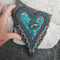 Turquoise Angel Wing Heart, Garden Stone, Mosaic, Garden Decor