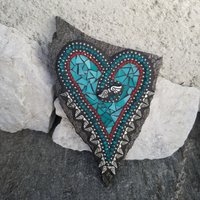 Turquoise Angel Wing Heart, Garden Stone, Mosaic, Garden Decor