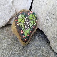 Mosaic Garden Stone Paperweights #6 Group Mosaic Heart and Rocks,   