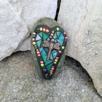 Mosaic Garden Stone Paperweights #8 Group Mosaic Heart and Rocks,   