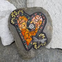 Orange Mosaic Heart Garden Stone with Yellow Pinwheel Flowers