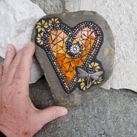 Orange Mosaic Heart Garden Stone with Yellow Pinwheel Flowers