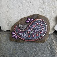 Paisley Iridescent Pink Mosaic, Mosaic Rock, Mosaic Garden Stone,