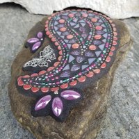 Paisley Iridescent Pink Mosaic, Mosaic Rock, Mosaic Garden Stone,