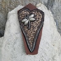 Copper Brown Heart, Wall Hanging Slate, Dragonfly Mosaic Garden Stone, Porch Decor, Wall Decor