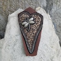 Copper Brown Heart, Wall Hanging Slate, Dragonfly Mosaic Garden Stone, Porch Decor, Wall Decor