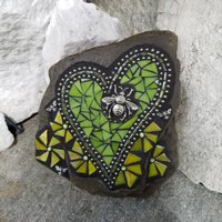 Lime Green Mosaic Heart Garden Stone with Yellow Pinwheel Flowers