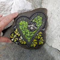 Lime Green Mosaic Heart Garden Stone with Yellow Pinwheel Flowers